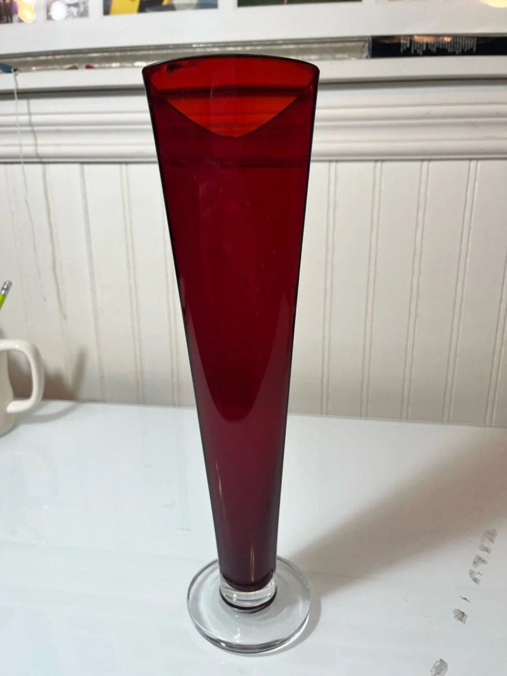 Vintage Ruby Red Art Glass Vase Triangular Asymmetrical MCM Clear Pedestal 13